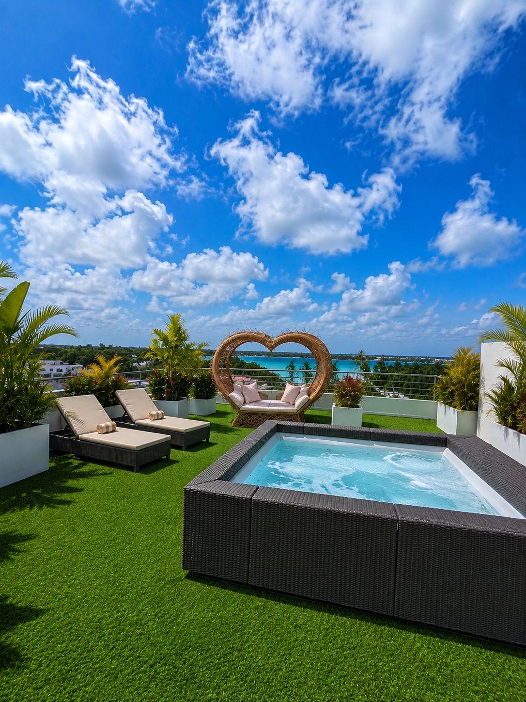 Private rooftop terrace with jacuzzi, sun loungers and sea view over Grand Baie bay — Le Belvédère
