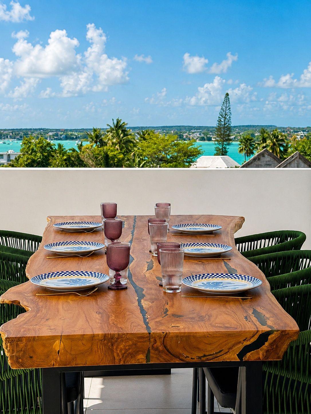 Table set on the terrace overlooking the turquoise lagoon